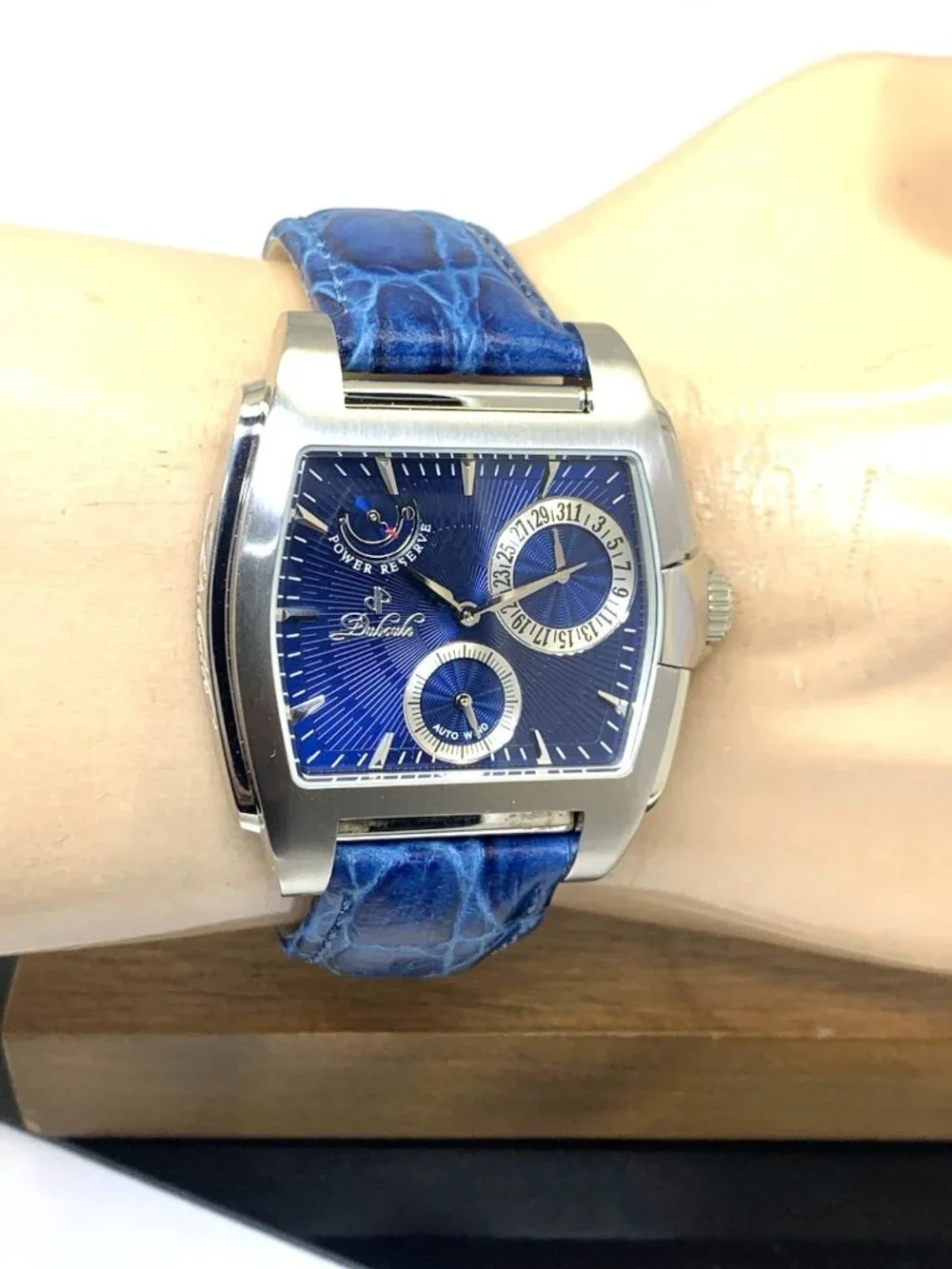 Duboule Men's Watch 2489-3 Automatic Blue Dial Power Reserve Leather Strap 40mm